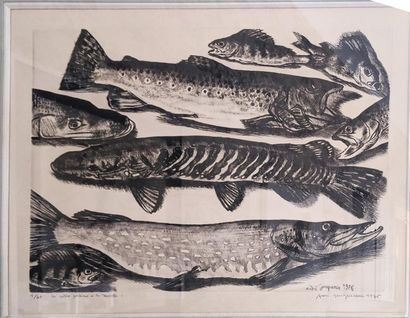 null André JACQUEMIN (1904-1992)
"Les nobles poissons ou la Moselle"
Gravure en noir,...