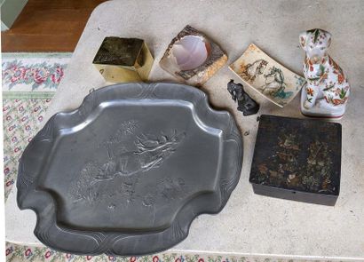 null Set comprising: pewter tray decorated with a deer; copper box; hard stone tidy;...