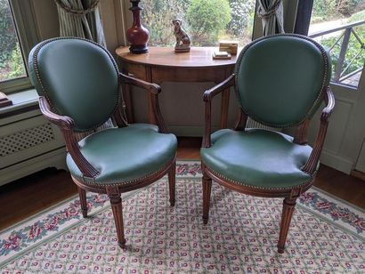 null PAIR OF FALLS with medallion backrest in beech with patina, the armrests with...