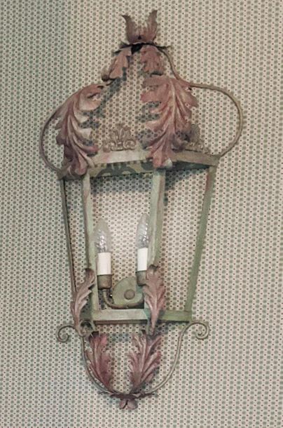 null SUITE OF FOUR Sconces in the shape of a half-lantern in green lacquered sheet...