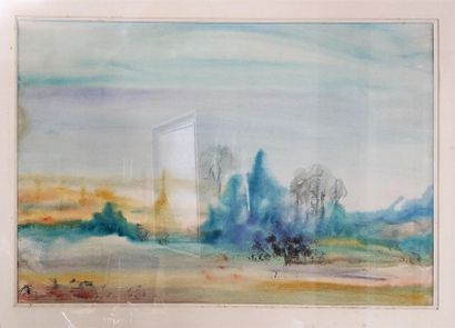 null Lot comprenant : 
- une aquarelle signée Jean PY (né en 1921), 
- un paysage...