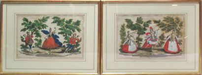 null SUITE DE DEUX GRAVURES anciennes rehaussées de gouache figurant « Les joies...