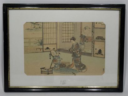 null D'après Kubota TOSUI (1841-1911) Estampe représentant un jeune enfant à sa toilette,...