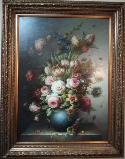 null Ecole XXe siècle
Bouquet de fleurs sur un entablement
Peinture sur toile, trace...