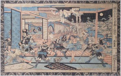 null Estampe Oban tate illustrant le combat de Samouraï proche des pavillons dans...