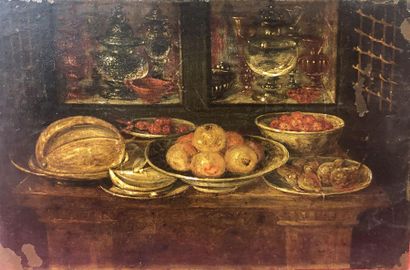 null Attribué à Pseudo VAN KESSEL (Actif à Anvers au XVIIe siècle)
"Fruits dans des...