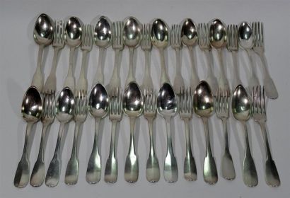 null Suite of fifteen solid silver cutlery uniplat model, Coq et Vieillard hallmarks...