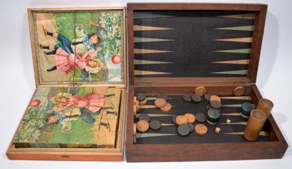 null Reunion de deux jeux anciens : 
- Une boite de jeu en bois de dame et tric trac...