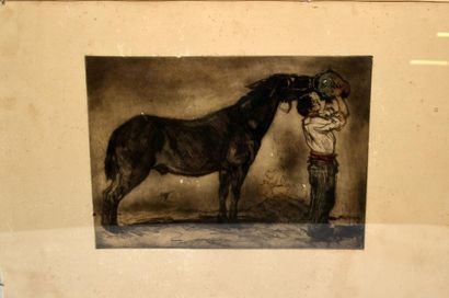 null "Cavalier et son cheval"
Gravure en couleur, cachet "Chalcographie du louvre".
35,5...