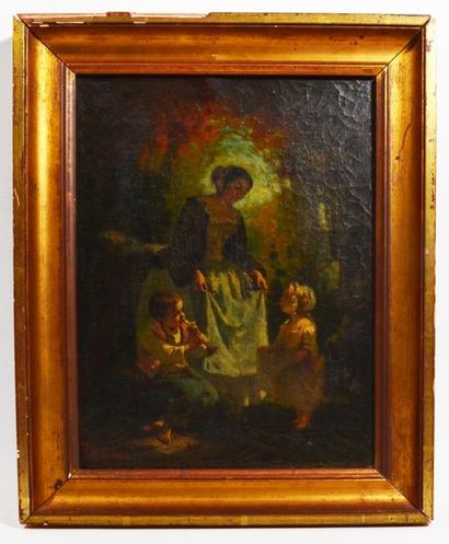 null School of the XIXth century
"Mother and her two children"
Oil on canvas signed...