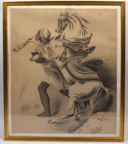 null Paul BOURGES (XIXe) "Le cavalier arabe" dessin au crayon sur papier signé en...