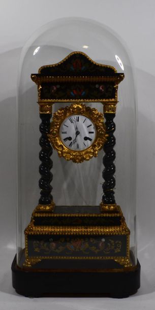 null Portico clock with twisted columns in blackened pearwood, with ball marquetry...