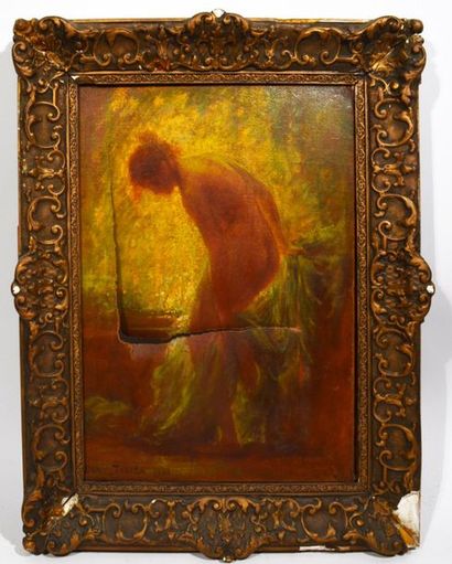 null Daniel TIXIER (XIX-XX) 
La Baigneuse
huile sur toile signée
(Important accident)
46...