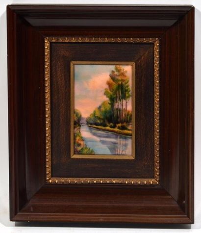 null C. FORET à LIMOGES France : "Le canal" enamel on copper signed lower left 1...