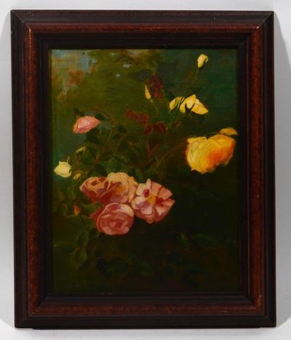 null Ecole Française: "Bouquet de roses" Huile sur toile 35x27cm