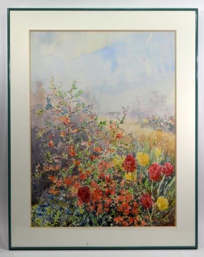null Claude MORETTI (XXe siècle)
"Jardin de fleurs"
Aquarelle sur papier signée en...