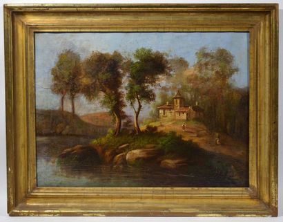 null French school of the XIXth century
"Scene of riverside"
Oil on canvas.
(Rentoilage,...