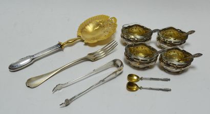 null LOT IN MASSIVE SILVER including 4 vermeil saltcellars with glass interior and...