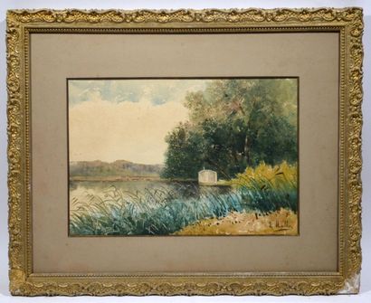 null Elise MAHLER (1856 - 1924) : "The edge of the reed pond" Watercolor on paper...