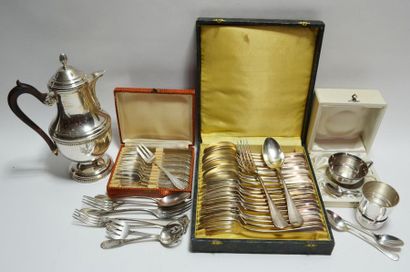 null SILVER METAL LOT including a rosewood coffee pot, two small spoons, three forks,...