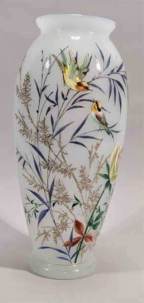 null LEGRAS (in the taste of) - Enamelled opaline glass vase with decoration of trendy...