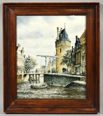 null Jan DESSENS (XXth)
"Inner harbour in Holland"
Painted porcelain plate, delft...