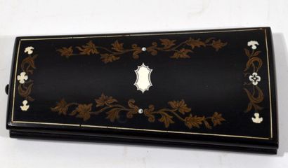 null SEWING NECESSAR consisting of a blackened wooden box with inlaid leaf decoration,...