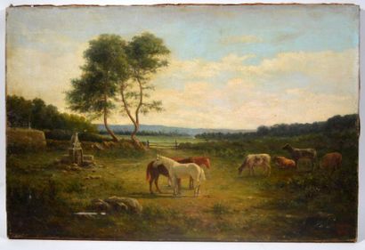 null Pierre Charles POUSSIN (1819-1904)
"Chevaux et vaches dans l'enclos"
Huile sur...