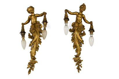 null Louis KLEY (1833-1911)
Pair of chased and gilt bronze sconces showing two children...