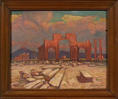 null Georges C. MICHELET (1873-?)
"Palmyre au coucher du soleil"
Huile sur panneau...
