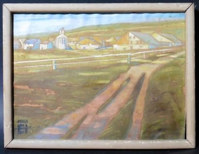 null School of Edward HOPPER (1882-1967) 
"Chemin au bord de la pâture"
Oil on cardboard...