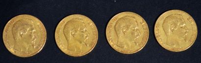 null LOT de 4 pièces en or de 20 francs dites Napoléon non lauré daté de 1854, 1855,...