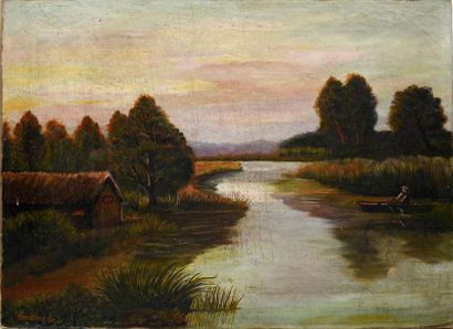 null André HENNEBICQ (1836-1904)
"Pécheur dans le marais"
Huile sur toile signée...