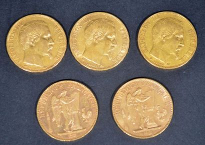 null LOT de 5 pièces en or de 20 francs dites Napoléon non lauré et au Génie daté...