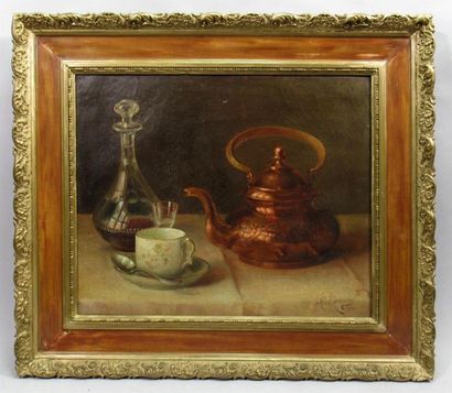 null Charles RENOUARD (XIX-XX)
"Still life with copper kettle and carafe"
Oil on...
