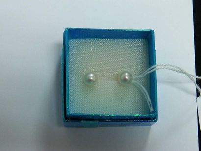null Pair of white cultured pearl earrings on gold metal frame (in a blue box)
