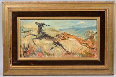 null Paul DAXHELET (1905-1993)
"Guépard chassant une antilope"
Huile sur isorel signé...