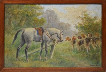 null George TISSET (XXth)
"Grey horse and pack of beagles"
Watercolour on paper signed...