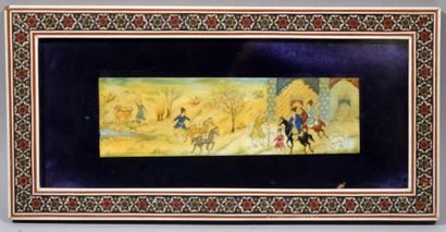 null Persian miniature showing an animated scene of characters and horses on blue...
