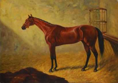 null French school of the 20th century 
"Thoroughbred horse at the stable"
Oil on...