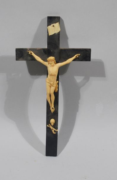 null CRUCIFIX with burr veneer top and rosewood fillets, Jansenist Christ on an ivory...