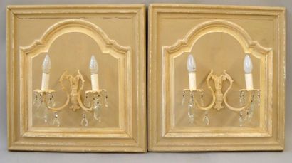 null Pair of Moulded oak and white ceruse DOORS supporting a pair of two light arms...