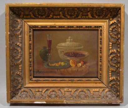 null VICART (XXth)
"Still life with gooseberries"
Oil on panel signed lower left
13...