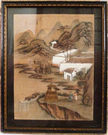 null Peinture sur soie représentant un paysage animé au bord de l'eau avec une barque...