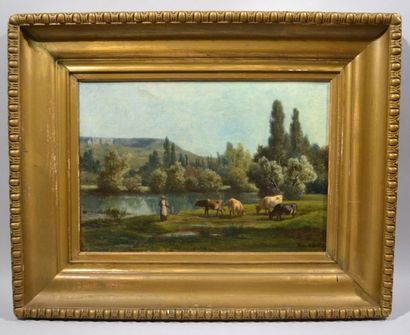 null René Joseph MÉNARD (1827-1887)
"La gardienne de vaches"
Oil on canvas signed...