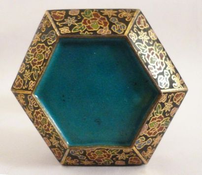 null Hexagonal cricket cage in cloisonné enamels decorated with peonies and other...