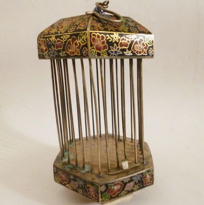 null Hexagonal cricket cage in cloisonné enamels decorated with peonies and other...