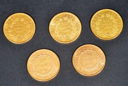 LOT de 5 pièces en or de 20 francs dites...
