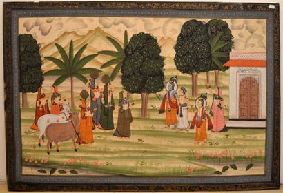 null Ecole indienne moderne "Composition animée" Peinture sur toile de soie marouflée...