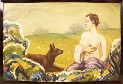 null Georges CASTAING (1895-?) "Femme se délassant dans un pré avec son chien" Huile...